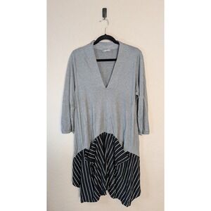 Alembika Mixed Stripe Lagenlook Tunic Dress‎ Grey Black V-Neck Size 3 (US 10)